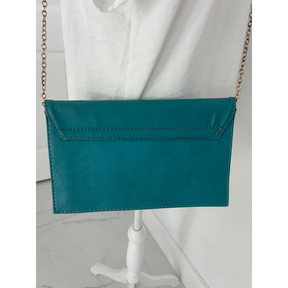 Teal Envelope Clutch Bag Gold Hardware Chain Strap Crossbody Turquoise Faux Leat